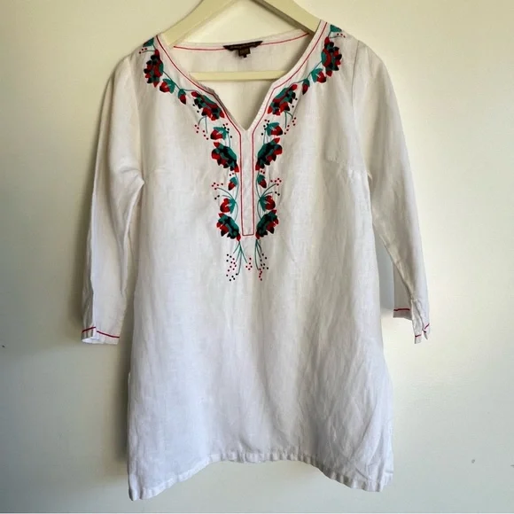 Tommy Bahama Linen Embroidered Tunic Top XS Boho Floral White - Picture 3 of 15
